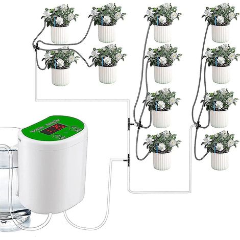 Système d'arrosage automatique pour jardins pendant les vacances, avec affichage LED et minuterie réglable pour l'irrigation goutte à goutte - Idéal pour les massifs de fleurs, les terrasses, les pelo (1/5)