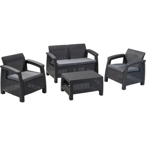 Keter – Salon de jardin 4 places Corfu – Table basse ergonomique – Coussins inclus – Résistant aux intempéries – Anthracite