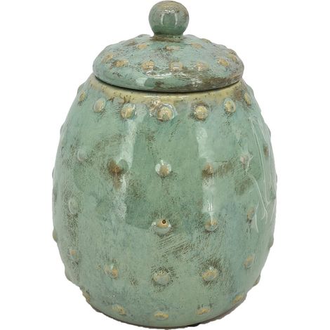 Vimin Box Urna Ceramica Verde Acqua Fiori Rilievo D 14 Cm H 17,5 Cm