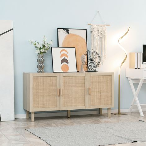 136 x 41 x 70 cm - Buffet Meuble de Rangement Placard 3 Portes avec étagère réglable Effet cannage Style bohème
