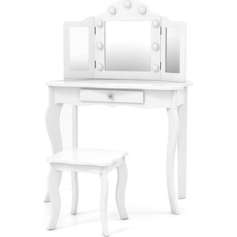 GOPLUS Coiffeuse Filles de 3+ Ans, Table de Maquillage pour Enfant avec Tabouret, Miroir LED à 3 Couleurs, Style Princesse, Blanc (1/4)
