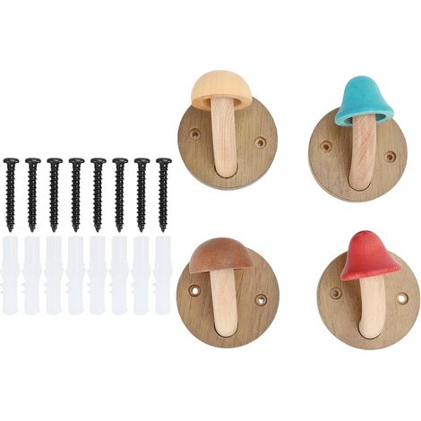 4 pièces en bois champignon patères rustique mural porte-serviettes en bois massif coloré avec vis (1/5)