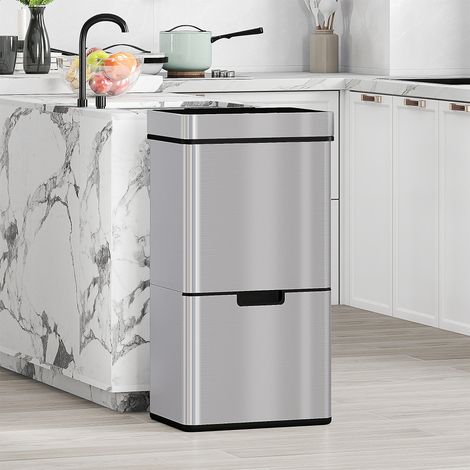 Poubelle capteur 3 compartiments 47+2×12,5L - 42×30×81 cm - couvercle automatique - bac amovible - acier inox - poubelle de cuisine argentée