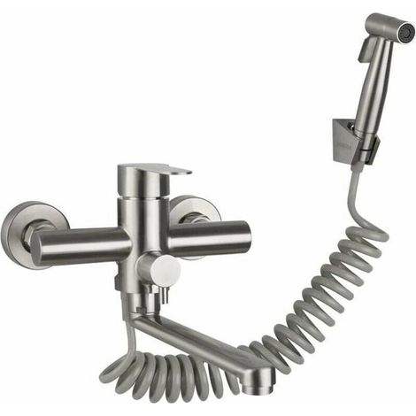 Robinet de cuisine à levier unique fixé au mur avec douchette avec pistolet pulvérisateur, évier de cuisine, robinet en acier inoxydable, eau chaude et froide, cuve à lessive, robinet d'eau chaude et (1/5)