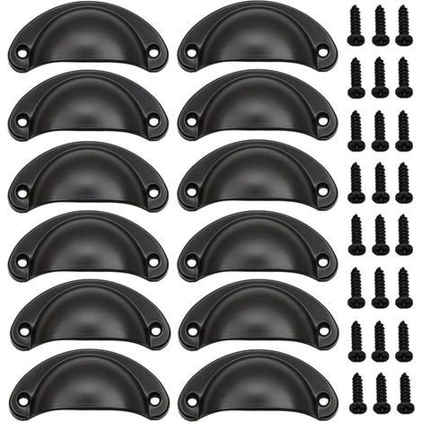 12 Pièces Poignée de Porte Coquille, Rétro Poignées de Porte, Poignées de Meubles Traditionnelles en Demi Lune Avec Vis, pour Tiroir, Armoire, Commode (Noir) (1/5)
