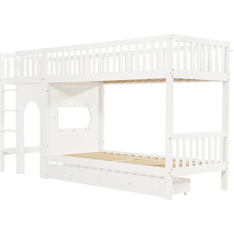 Lit superposé enfant 90 x 200 cm, échelle droite 4 marches, garde-corps, blanc, pin MDF (1/5)