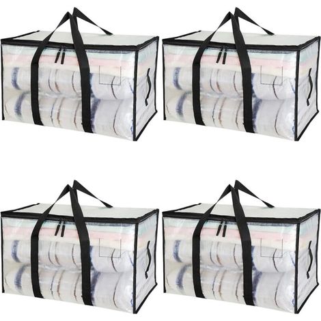 Set di 4 sacchi portaoggetti grandi da 95 litri con coperchio e manici rinforzati, in PP trasparente, ideali per traslochi, conservazione di abiti e viaggi. (1/4)