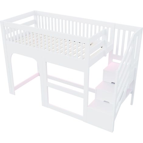Lit mezzanine enfant 90 x 200 cm avec échelle de rangement, LED, garde-corps et sommier, blanc (1/5)