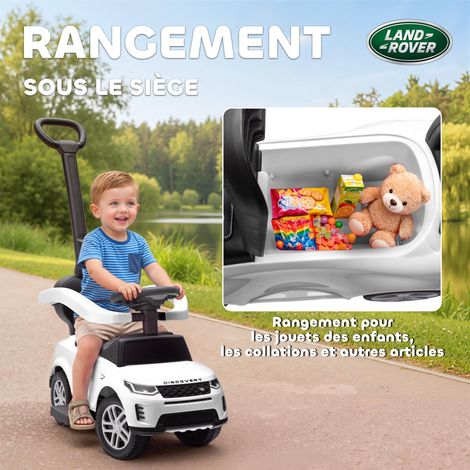 Voiture jouet électrique Land Rover Discovery pour enfants, avec poignée amovible, dimensions : 84 x 40 x 94,5 cm, blanche. (1/5)