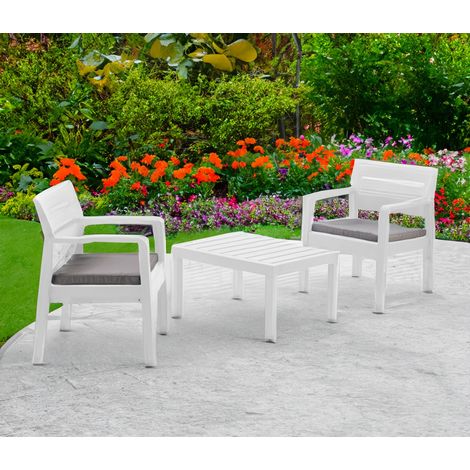 Dmora - Salón de Jardín Dalfier, Conjunto de jardín con 2 sillones y 1 mesa de centro, Zona de estar interior y exterior con cojines, 100% Made in Italy, Blanco (1/3)