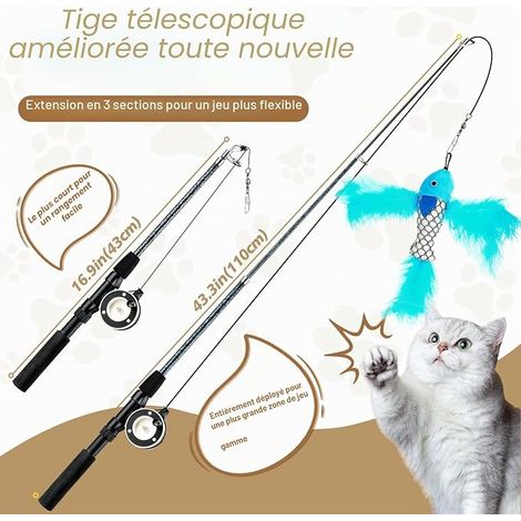 Feather Cat Toys, Interactive Wands Telescopic Fishing Rod with Accessories (Fish, Dragonfly, Worm) and Bells - Cat Toy (1/4)