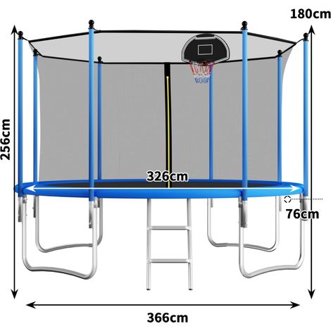 Trampoline extérieur 366 cm pour enfants et adultes, structure monobloc stable robuste, barres renforcées (1/5)