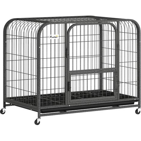 PawHut Heavy Duty Dog Crate, Large Dog Cage with Wheels and Tray
