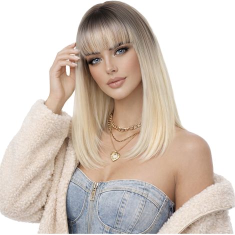 Peluca Luvu para mujer con flequillo, cabello liso rubio claro, efecto ombré natural. (1/5)