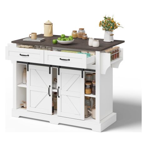 Îlot de cuisine avec plan de travail rabattable, meuble de rangement de cuisine, équipé d'un chariot à roulettes, meuble de cuisine avec 2 portes coulissantes et 2 tiroirs, blanc, 120 × 45 (70) × 91 c (1/5)