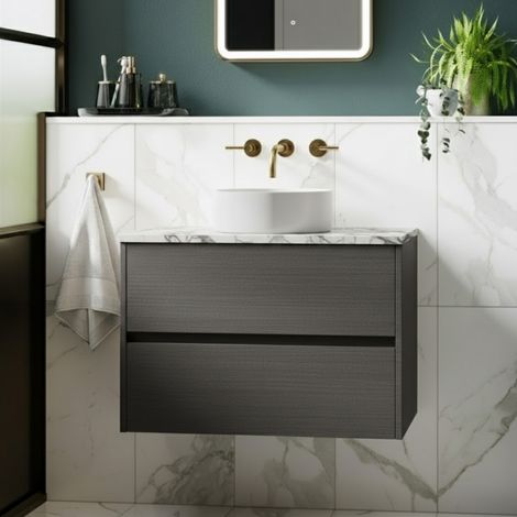 Nuie Havana Graphite Grey Woodgrain 800mm Wall Hung 2 Drawer Vanity Unit with Carrera Marble Laminate Worktop - HAV2206LCM (1/5)