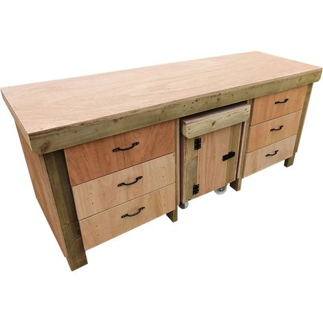 Wooden Eucalyptus hardwood top workbench with drawers and functional lockable cupboard (V.5) (H-90cm, D-70cm, L-210cm) (1/5)