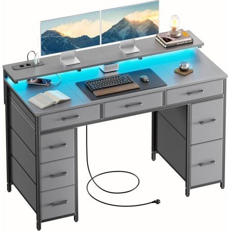 EcoFurnix, Scrivania con 8 Cassetti in Tessuto, 120 × 50 cm Scrivania Gaming LED con Prese & Porte USB, Scrivania Gamer, Grigio