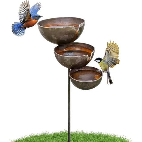 Bain d'oiseaux à 3 niveaux Métal rétro Fontaine à cascade Jardin extérieur 68 x 12 cm (1/5)