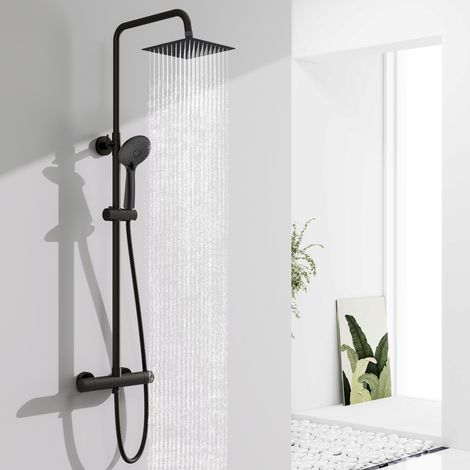 OCEAN Colonne de Douche Thermostatique Salle de bain, Colonne de Douche Réglable avec Douchette 3 Jets, Anti-brûlure, Ensemble de Douche en Inox 304, Noir