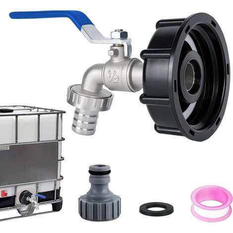 Robinet d'écoulement pour réservoir d'eau de pluie 1000 l Robinet à boisseau sphérique en alliage avec raccord 1/2" Adaptateur pour robinet de réservoir d'eau S60 x 6, réservoir d'eau de pluie (1/5)