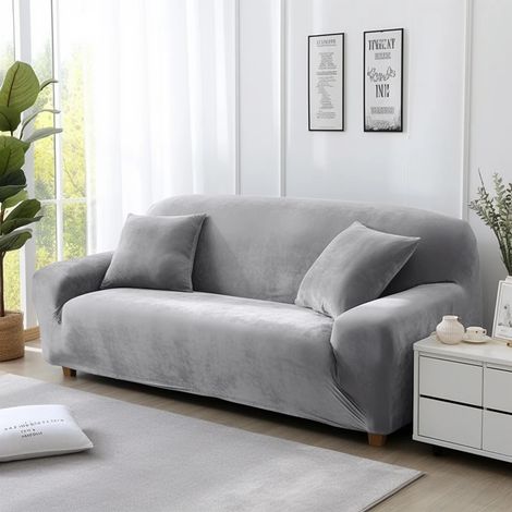 Housse de canapé en velours extensible, deux places (145-185 cm), gris argenté (1/5)