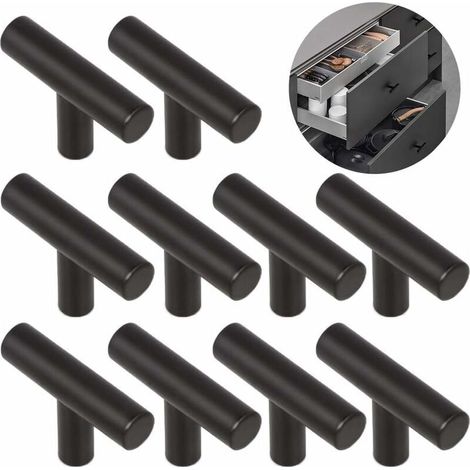 Boutons de portes 10 Pièces T Alliage Poignée Brossé Facile Poignées Porte D'armoire Meubles Monotrou Alliage Solide Durable, pour Tiroirs, Armoires, Placard, Armoires Chaussures, Tables Chevet—Noir S (1/5)