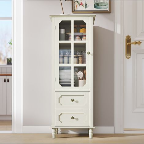Buffet vitrine 50x40x133 cm en MDF blanc crème, 2 tiroirs, gain de place pour entrée – MEUBLIV (1/5)