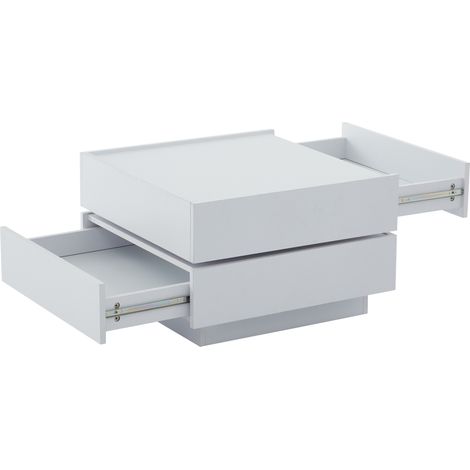 Table basse blanche pivotante à 360° avec 2 tiroirs et espace de rangement, 60 x 60 x 38 cm (1/5)