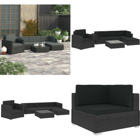 Salon de jardin 6 pcs avec coussins résine tressée noir - Salon De Jardin - Mobilier De Jardin - Salon Extérieur - Set De Jardin - Canapé Rotin - Home & Living (1/5)