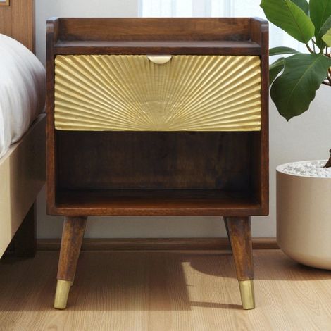 Comodino nordico in legno massello marrone, 1 cassetto e 1 ripiano aperto