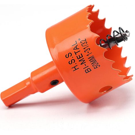Scie cloche 50mm Orange, Acier rapide HSS M42 bi-métal Scie cloche bois, Fraise à trous avec tige hexagonale et foret avec profondeur de coupe de 30mm pour bois, cloison sèche et tôle métallique (1/5)