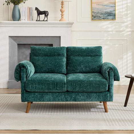 Sofá loveseat 2 plazas verde en chenilla con cojines acolchados y patas efecto madera (1/5)