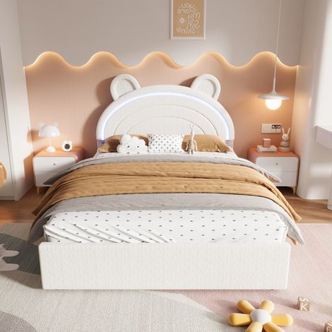 Lit enfant 140 x 200 cm, cadre de lit avec rangement, 4 tiroirs, éclairage LED, tête de lit rembourrée, 2 places, velours, beige (1/5)