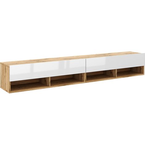 Meuble TV suspendu 2 portes 200 cm décor chêne et blanc - LESLI (1/5)