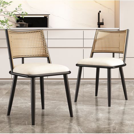 2 Esszimmerstühle,PU-Sitz,Rattan-Rückenlehne,Wohnzimmer,Schlafzimmerstuhl,Schwarz (1/5)