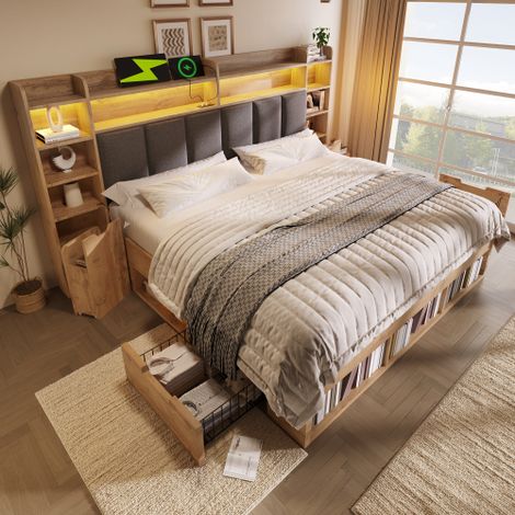 Lit adulte 160x200cm - avec LED + ports USB et Type-C - tête de lit rembourrée - avec rangement - Naturel (sans matelas)