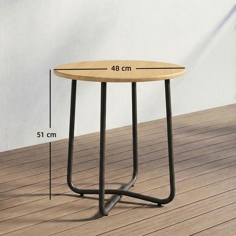 Table de jardin ronde en métal pour balcons et terrasses, 48 cm de diamètre x 51 cm de hauteur, aspect bois naturel. (1/5)
