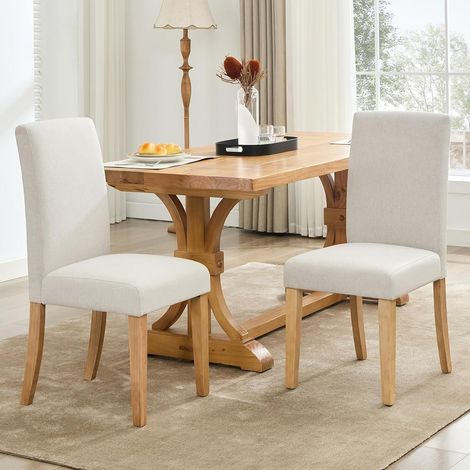 Lot de 2 chaises de salle à manger en lin beige – Dossier haut – Pieds en bois massif Hévéa – Ergonomique – Charge 120 kg – 45x56x95 cm (1/5)