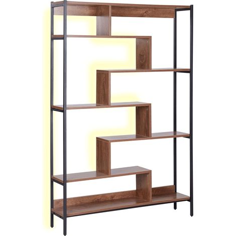 Libreria a 6 ripiani con struttura in metallo nero legno scuro con luci LED Daven