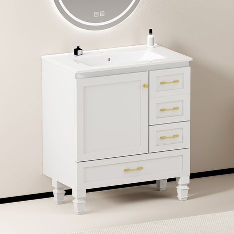 Meuble salle de bain blanc 75 cm 1 porte fermeture douce 3 tiroirs rangement
