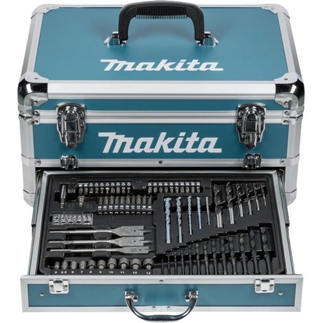 Makita – Coffret aluminium pour perceuse visseuse 18V Li-Ion – 10 douilles, 13 forets métal, 6 forets bois, 20 embouts – Accessoires complets