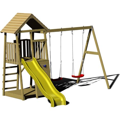 Wendi Toys Tour de jeux en bois Pingouin  incl. toboggan, mur d'escalade, 2 balançoires & bac à sable  Nature  280x340x270 cm