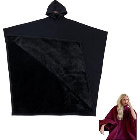 Couverture polaire à capuche avec manches – Plaid portable oversize 125 cm – Cape chaude et douce unisexe pour adultes – Pour intérieur et extérieur – Noir (1/5)