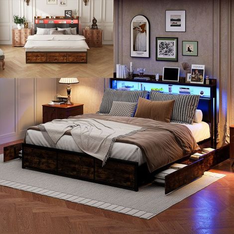 Bett 140x200 cm schwarz mit integrierter LED und 4 Schubladen - Metallrahmen, Lattenrost (modern)