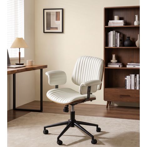 Chaise de Bureau Pivotante à 360 Degrés, Accoudoirs Rembourrés et Roulettes, Similicuir et Métal Beige (1/5)