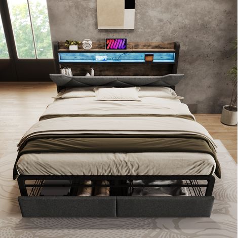 DESVIAE Lit double avec rangement tête de lit station de charge USB Type C LED et 2 tiroirs 140 x 200 cm gris en lin avec sommier à lattes métal (1/5)