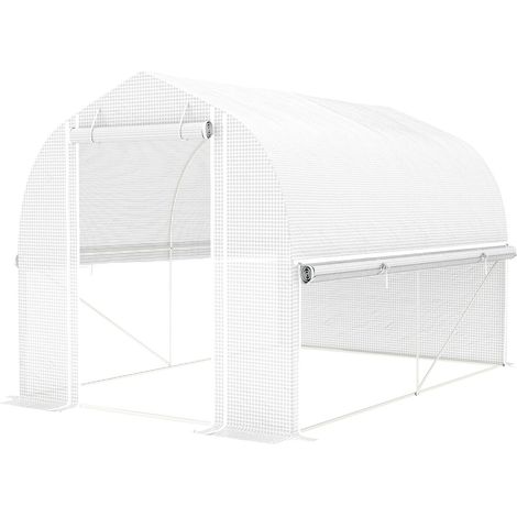 Gewächshaus 3 x 2 x 2 m Foliengewächshaus mit 4 Fenster & Tür, Aufrollbar Seitenwänden, UV-beständiger Folientunnel Tomatenhaus mit verzinkten Stahlrahmen, Weiß