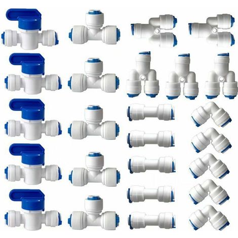 Umkehrosmose-Wasserfilter-Anschluss, 1/4 Zoll (6 mm), gerade Steckverbindung für Wasserfilterschlauch, Kühlschrank-Anschlussrohre (Y+T+I+L-Typ-Kombinationshahn + Absperrventil), 25 Stück