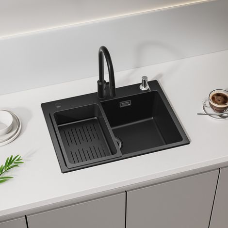 Evier de Cuisine Noir avec Panier de Vidange et Distributeur de Savon, Evier 1 Bac 60x45cm Grande Capacité, Evier en Quartz et Résine de Cuisine (1/5)